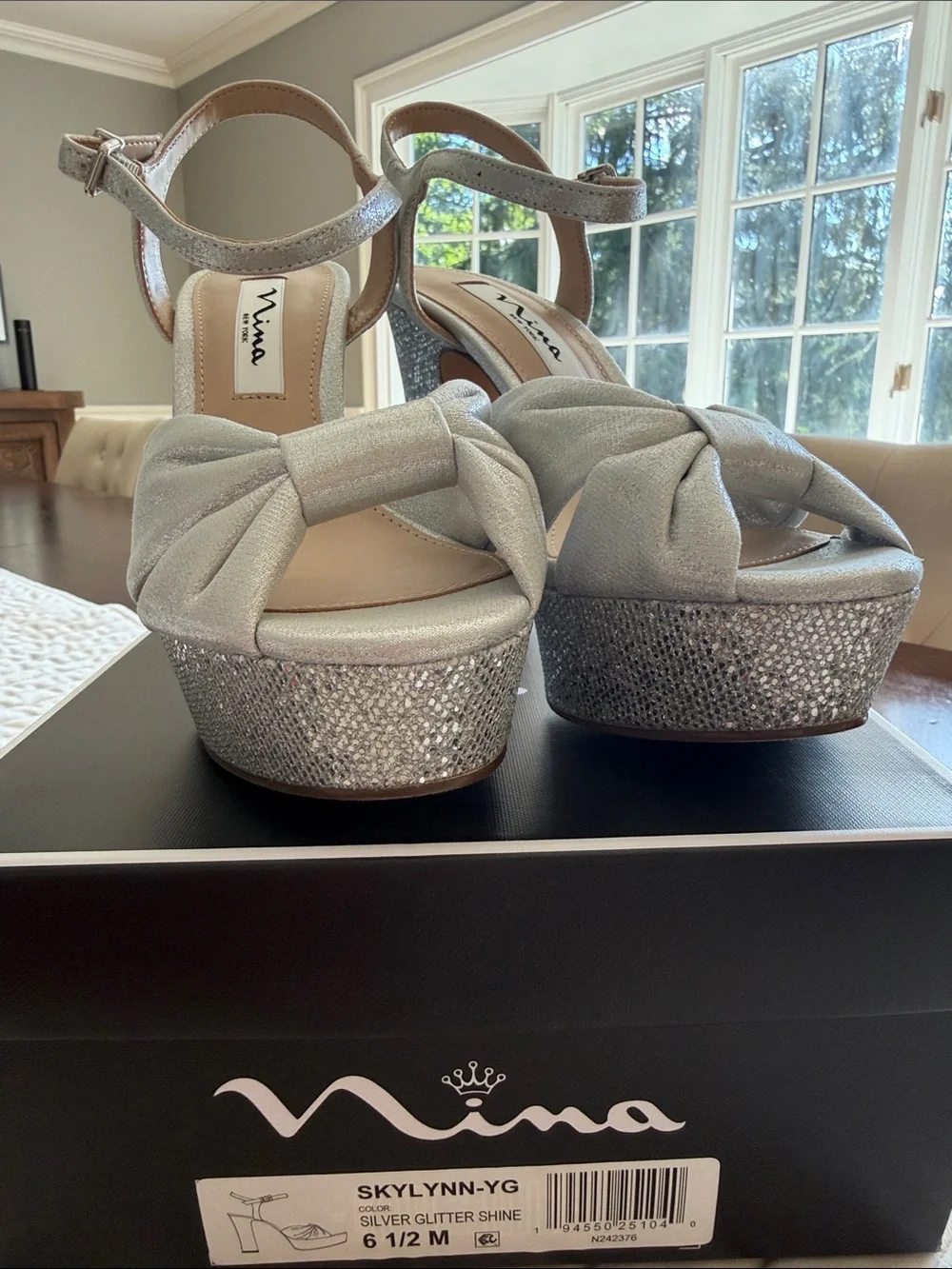 Nina Silver Glitter Knot-Front Platform Sandals with Ankle Strap